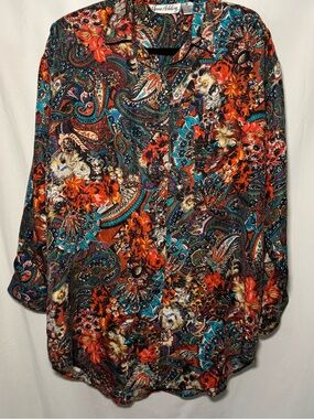 VTG Jane Ashley 100% Silk Paisley Floral Button Down Blouse Tunic M
